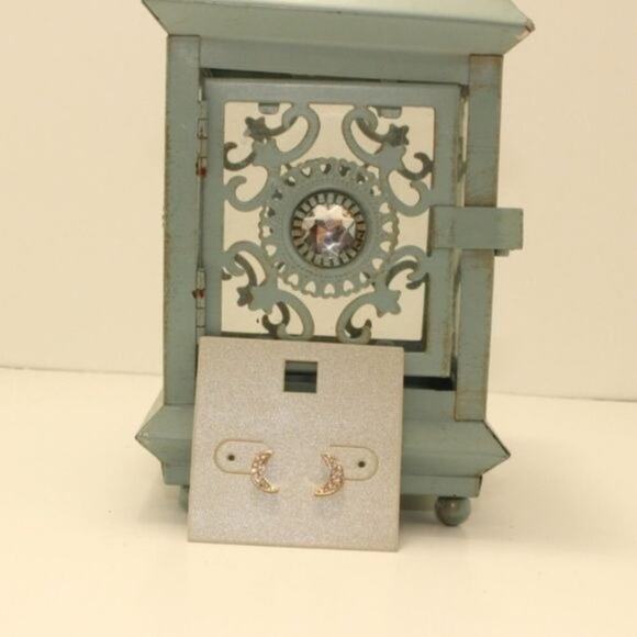 Anthropologie Lydell NYC Dainty Stud Earrings Moon Paved Gold Faux Crystal New w - Picture 3 of 3